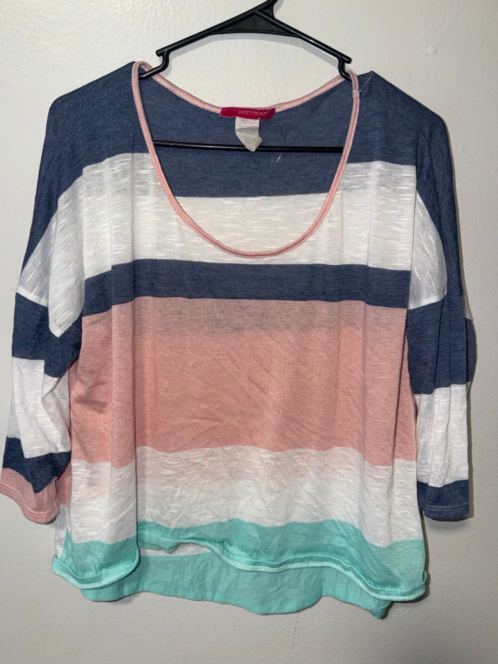 Jules Closet Navy White Pink Striped Top Scoop Neck 3 4 Sleeves